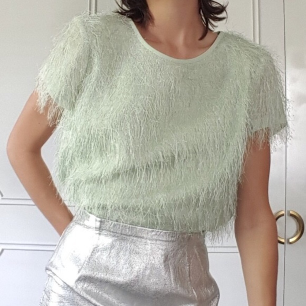 Ann Taylor Green Feathered Short Sleeve Blouse